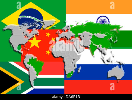 Illustration sur le thème des BRICS ont avec les drapeaux et carte du monde. Banque D'Images