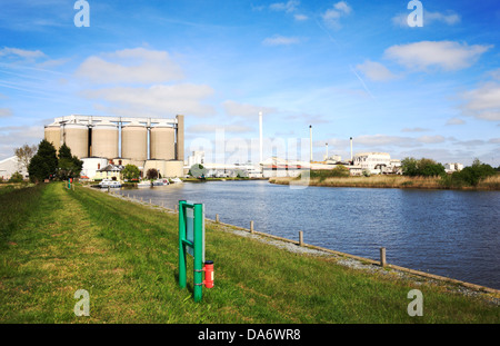 Une vue de la rivière Yare à avec l'usine de betterave à sucre dans le contexte à Cantley, Norfolk, Angleterre, Royaume-Uni. Banque D'Images