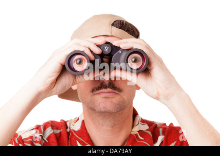 L'homme en chemise hawaïenne binoculars Banque D'Images
