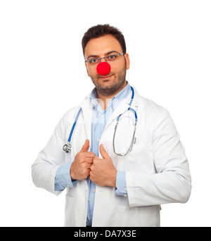 Patch Adams concept avec jeune médecin isolé sur fond blanc Banque D'Images