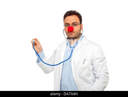 Patch Adams concept avec jeune médecin isolé sur fond blanc Banque D'Images