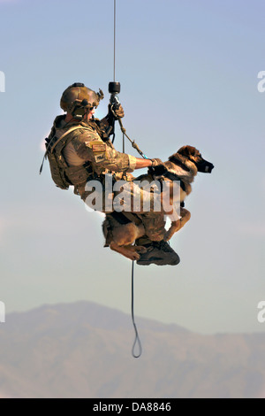 US Army tactical des chiens détecteurs d'explosifs et les gestionnaires participent à la formation en sauvetage avec pararescueman 21 juin 2013 à l'aérodrome de Bagram, en Afghanistan. Banque D'Images