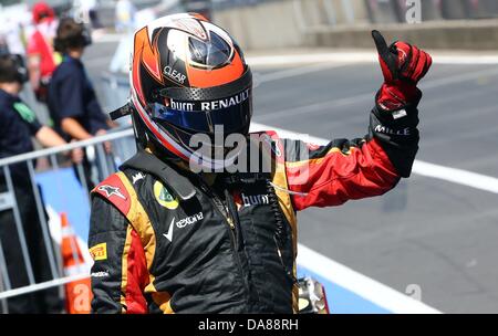 Nuerburg, Allemagne. 07Th Juillet, 2013. Le Français Romain Grosjean Pilote de Formule 1 de Lotus célèbre après avoir remporté la 3ème place au Grand Prix de Formule 1 de l'Allemagne à la Nürburgring Nuerburg en circuit, Allemagne, 07 juillet 2013. Photo : Jens Buettner/dpa/Alamy Live News Banque D'Images