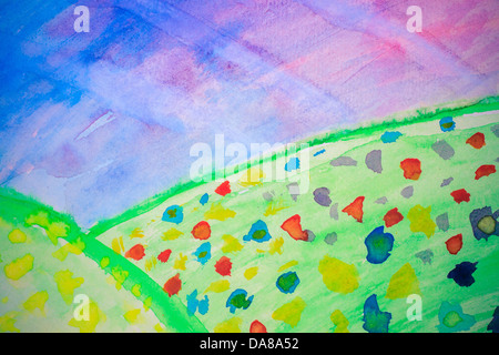 Paysage lumineux, peint à la main sur papier aquarelle Banque D'Images