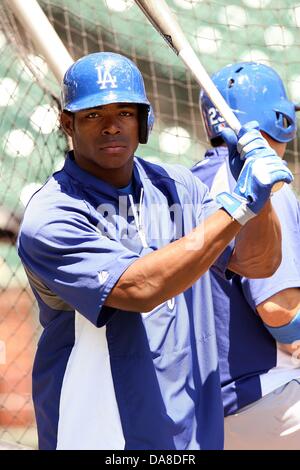 San Francisco, CA, USA. 7 juillet, 2013. Juillet 07, 2013 San Francisco, CA.Les Dodgers Yasiel Puig au cours de l'action dans un match entre Los Angeles et les Giants de San Francisco à AT & T Park à San Francisco, Californie. Los Angeles a gagné 4-1.Daniel Gluskoter/CSM/Alamy Live News Banque D'Images