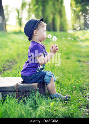 Petit mignon représentant le soufflage des pissenlits Banque D'Images