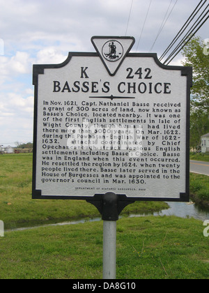 Le choix de la basse en novembre 1621, le Capitaine Nathaniel basse a reçu une subvention de 300 acres de terre, maintenant connu sous le nom de Basse's Choice, situé à Banque D'Images