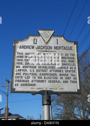 ANDREW JACKSON MONTAGUE La maison a été construite en 1891 à la maison d'Andrew Jackson 'Jack' Montague, 1862-1937, gouverneur de Virginie, 1902-1906. Au cours de sa résidence à Danville, M. Montague établi lui-même comme un avocat, procureur de district des États-Unis, orateur, et campagne politique, dont les talents ont conduit à son élection en 1897, le procureur général de Virginie, puis gouverneur. Conseil municipal de Danville, 1978 Banque D'Images