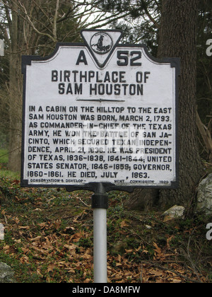 Naissance de Sam Houston dans une cabane sur la colline à l'est Sam Houston est né, le 2 mars 1793. En tant que commandant en chef de l'armée au Texas, il a gagné la bataille de San Jacinto, qui a obtenu l'indépendance texane, le 21 avril 1836. Il a été Président du Texas, 1836-1838, 1841-1844 ; Sénateur des États-Unis, 1846-1859 ; GOUVERNEUR, 1860-1861. Il est mort, Juillet, 1863. Conservation & Development Commission, 1929 Banque D'Images