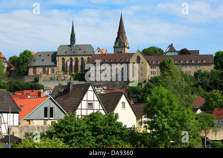 Stadtpanorama, Kirche Maria-en-vinea, Neustadtkirche St. Jean Baptiste und Gymnasium Marianum, Warburg, Ostwestfalen-Lippe, Nordrhein-Westfalen Banque D'Images