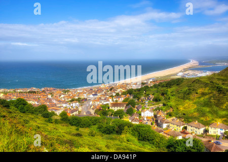 Vue panoramique de Portland et plage de Chesil, Dorset, Royaume-Uni Banque D'Images