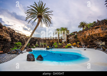 L'Espagne, Europe, Îles Canaries, Jameos del Agua, Lanzarote, bleu, cactus, plantes, café, cave, Cesar Manrique, contraste, exotique, f Banque D'Images