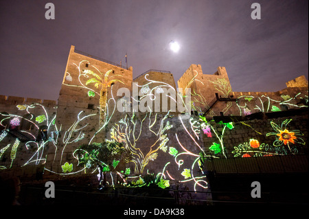 Forteresse, Israël, Jérusalem, de lumières, de nuit, Moyen Orient, Proche Orient, tour, David, Tour de David, musée Banque D'Images