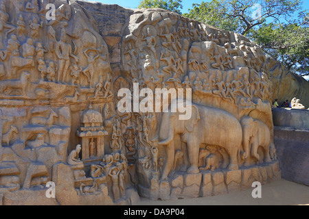 L'Inde, l'Inde du Sud, en Asie, le Tamil Nadu, Mamallapuram, Mahabalipuram, Rock-cut, l'architecture, la pénitence d'Ajuna, patrimoine mondial, Ajun Banque D'Images