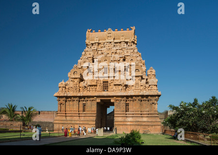 L'Inde, l'Inde, Asie, Tamil Nadu, Thanjavur, Tanjor, Sri Brihadeshwara, Temple, patrimoine mondial, l'entrée principale, l'art, Dravidia Banque D'Images