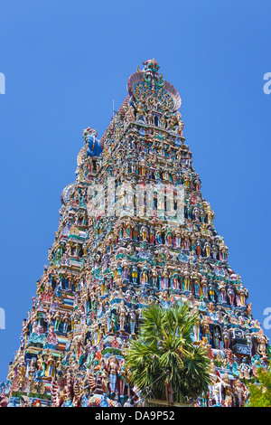 L'Inde, l'Inde du Sud, en Asie, du Tamil Nadu, Madurai, Sri Meenakshi, Temple, Gopuram, art, big, célèbre, coloré, temple dravidien, Banque D'Images