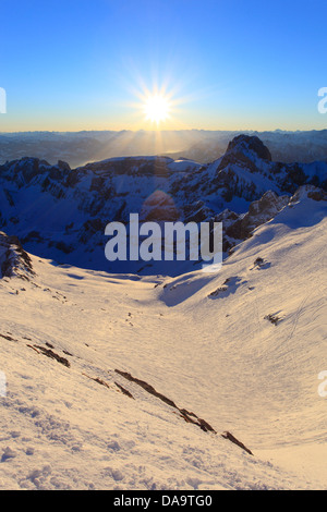 Alpes, gamme, l'Alpstein, Altmann, Appenzell, vue, montagne, montagnes, ciel, massif, panorama, Saentis, neige, Suisse, Europe, Banque D'Images