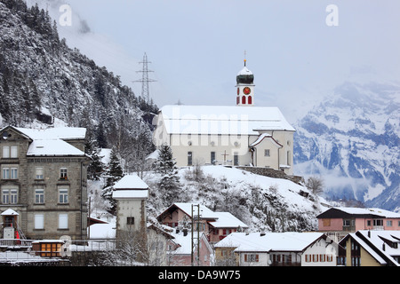 Gotthard, parcours du Gothard, chapelle, église, catholique, religion, neige, Suisse, Europe, Uri, Wassen, hiver Banque D'Images