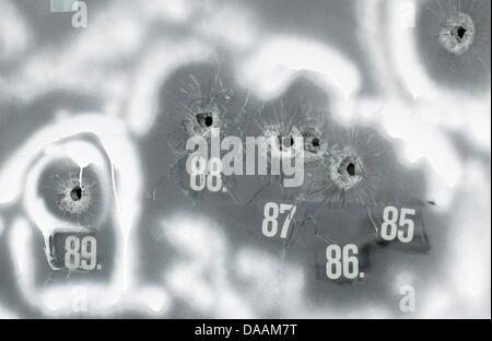 (Dossier) une archive photo datée du 12 mars 2009 montre de balles d'une arme de gros calibre dans la fenêtre d'un concessionnaire automobile entourés avec peinture blanche à Wendlingen, Allemagne. Le tribunal de district de Stuttgart a annoncé le verdict contre le père de rampage killer de Winnenden, Allemagne. Photo : Boris Roessler Banque D'Images