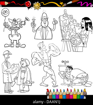 Livre de coloriage ou une page de bande dessinée de vulgarisation du noir et blanc professionnels Professions personnages de bande dessinée mis Banque D'Images