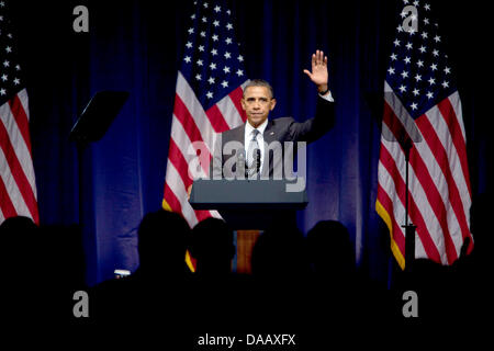 Le président des États-Unis, Barack Obama fait une allocution prononcée à un Comité National Démocrate (DNC) fundraiser à midtown, Manhattan, New York le mardi 20 septembre 2011. Photo : Allan Tannenbaum Banque D'Images