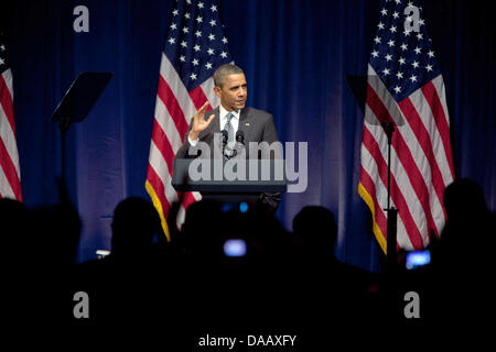 Le président des États-Unis, Barack Obama fait une allocution prononcée à un Comité National Démocrate (DNC) fundraiser à midtown, Manhattan, New York le mardi 20 septembre 2011. Photo : Allan Tannenbaum Banque D'Images