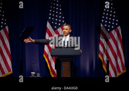 Le président des États-Unis, Barack Obama fait une allocution prononcée à un Comité National Démocrate (DNC) fundraiser à midtown, Manhattan, New York le mardi 20 septembre 2011. Photo : Allan Tannenbaum Banque D'Images