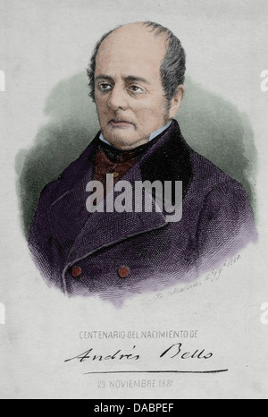 Andres Bello (1781-1865) humaniste vénézuélien, poète, philosophe. Gravure, 1881. De couleur. Banque D'Images