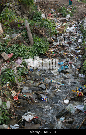 Un flux de l'Himalaya est l'espace de stockage pour les déchets de plastique dans l'Himachal Pradesh, Inde Banque D'Images