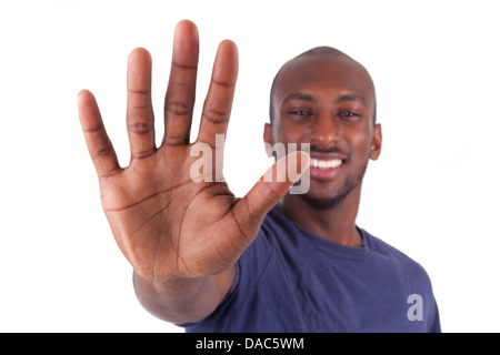Young African American man ses mains palm, isolé sur fond blanc Banque D'Images