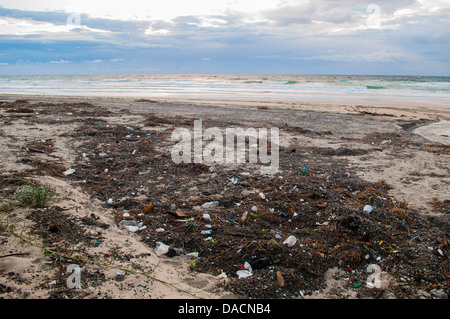 Plastiques et déchets rejetés sur la plage, l'île Moreton, Queensland, Australie Banque D'Images