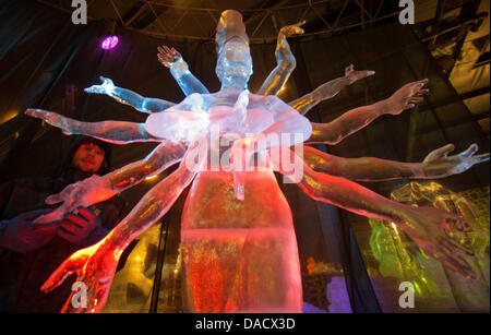 Un artiste travaille sur un écran lumineux à l'aventure des sculptures de glace village de Roevershagen, près de Rostock, Allemagne, le 20 décembre 2011. Le 23 décembre 2011, l'exposition de sculptures de glace est ouvert sous la devise 'un cirque fait de glace'. Jusqu'à la fin de février 2012, les visiteurs peuvent voir les sculptures réalisées par des artistes de la Pologne, la Russie, la Bulgarie, la Lituanie et l'Ukraine. Photo : JENS B Banque D'Images