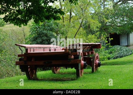 Rivière Lions, KwaZulu-Natal, Afrique du Sud, red ox wagon on Green grass in garden au Lions River Trading store, Midlands Meander Banque D'Images