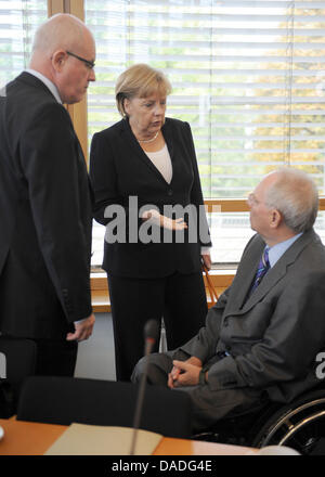 La chancelière allemande Angela Merkel s'entretient avec le président de la CDU/CSU, Volker Kauder fraction au Bundestag (L) et le ministre allemand des Finances, Wolfgang Schaeuble avant la réunion du conseil fédéral de la démocrate-chrétienne (CDU) à la Konrad-Adenauer-chambre à Berlin, Allemagne, 24 octobre 2011. Photo : Rainer Jensen Banque D'Images