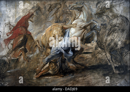 Peter Paul Rubens (1577-1640). Peintre flamand. Esquisse à l'huile pour la chasse aux lions, 1621-1622. L'Alte Pinakothek. Munich. L'Allemagne. Banque D'Images