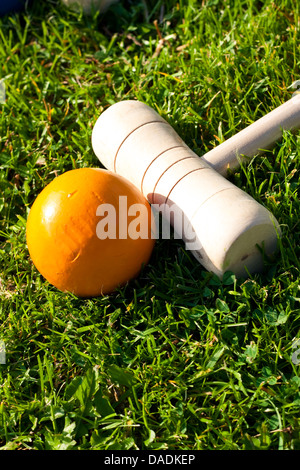 Le croquet bâton et balle jaune à vert herbe Banque D'Images