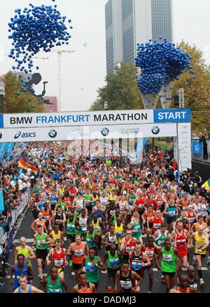 Le domaine des coureurs amateurs démarre le marathon de Francfort à Messeturm à Frankfurt am Main, Allemagne, 30 octobre 2011. Dans la 30e édition et pour la première fois dans l'histoire de marathon de la ville la plus ancienne d'Allemagne, plus de 15 000 coureurs a couru les 42,195 kilomètres. Photo : Arne Dedert Banque D'Images