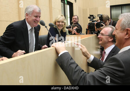 Le Premier Ministre de Bavière et président de la chambre haute du parlement allemand, Horst Seehofer (CSU, L), de discussions avec le Premier Ministre de Saxe, Stanislaw Tillich (CDU, R) et le Premier Ministre de Reiner Haseloff Saxe-anhalt (CDU) au cours d'une séance au Conseil fédéral allemand à Berlin, Allemagne, 4 novembre 2011. La chambre haute du parlement est de débattre entre autres la nomination d'un nouveau public fédéral Banque D'Images