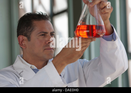 Mature scientist looking at liquid fiole en Banque D'Images