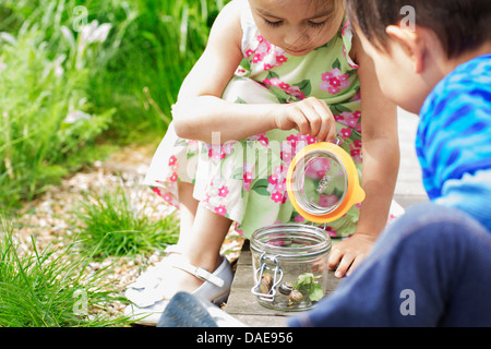 Fille et garçon en regardant le jardin pot d'escargots Banque D'Images