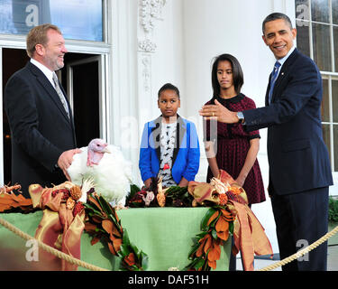 Le président des États-Unis Barack Obama, droite, accompagnée de ses filles, Malia et Sasha, centre gauche, centre de réhabilitation, la dinde de Thanksgiving, à la liberté, dans une cérémonie sur le portique nord de la Maison Blanche à Washington, D.C. le mercredi, Novembre 23, 2011. La liberté, un 19 semaines, 45 livres la Turquie va vivre sa vie à George Washington's Mount Vernon et Gar Banque D'Images