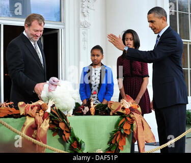 Le président des États-Unis Barack Obama, droite, accompagnée de ses filles, Malia et Sasha, centre gauche, centre de réhabilitation, la dinde de Thanksgiving, à la liberté, dans une cérémonie sur le portique nord de la Maison Blanche à Washington, D.C. le mercredi, Novembre 23, 2011. La liberté, un 19 semaines, 45 livres la Turquie va vivre sa vie à George Washington's Mount Vernon et Gar Banque D'Images