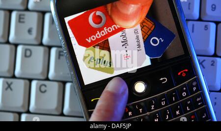 (Afp) un fichier photo datée du 12 avril 2010, de cartes SIM par T-Mobile, Vodafone, E-Plus et Telefonica O2 sur l'écran d'un téléphone à Schwerin, Allemagne. Photo : Jens Buettner Banque D'Images