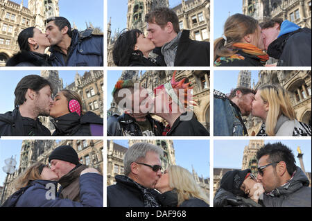 Un combo photo illustration montre les baisers des couples (première rangée l-r) : Michaela et Romeo;Juliane et Hendrik;Lisa et Moritz ;(deuxième rangée, de gauche à droite):Karla et Jackson ; Jacqline et Adrian, Saskia et Daniel ; troisième rangée (l-r) : Tina et Johannes, Britta et Holger ; Loana et Lorenzo le Jour de Valentines à Munich, Allemagne, 14 février 2011. Photo : Felix Hoerhager Banque D'Images