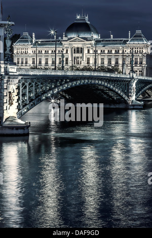 Voir de fameux pont et à l'Université à Lyon par nuit Banque D'Images