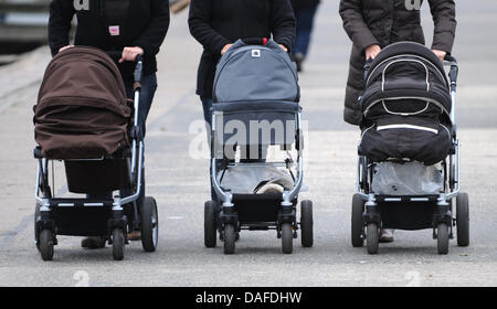 (Afp) un fichier photo datée du 19 novembre 2009 de trois femmes poussant poussettes à Detmold, Allemagne. Selon une enquête effectuée en février 2011, les femmes âgées de 25 à 45 nom trop peu d'argent, trop de stress au travail et l'absence de partenaire comme les principales raisons de ne pas avoir d'enfants. Photo : Marcus Brandt Banque D'Images