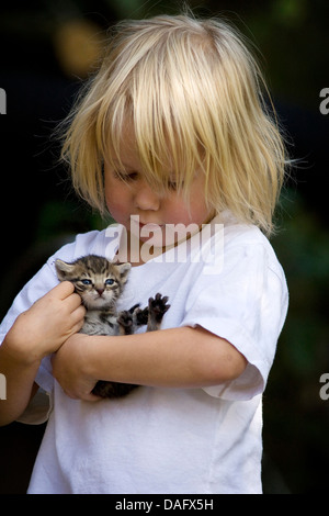 Chat domestique, le chat domestique (Felis silvestris catus). f, quatre ans fille avec un chaton de 3 semaines, Allemagne Banque D'Images