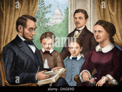 Le président Abraham Lincoln et sa famille la lecture d'un livre à la Maison Blanche. Demi-teinte de couleur numérique d'une illustration Banque D'Images