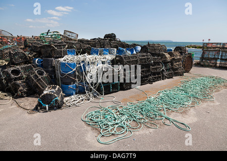 Des casiers à homard et crabe et cordes séchant au soleil sur le quai Banque D'Images