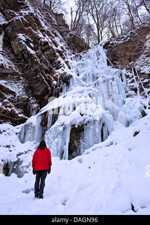 Une personne regardant la cascade gelée Plaesterlegge, Allemagne, Rhénanie du Nord-Westphalie, Rhénanie-Palatinat, Bestwig Banque D'Images